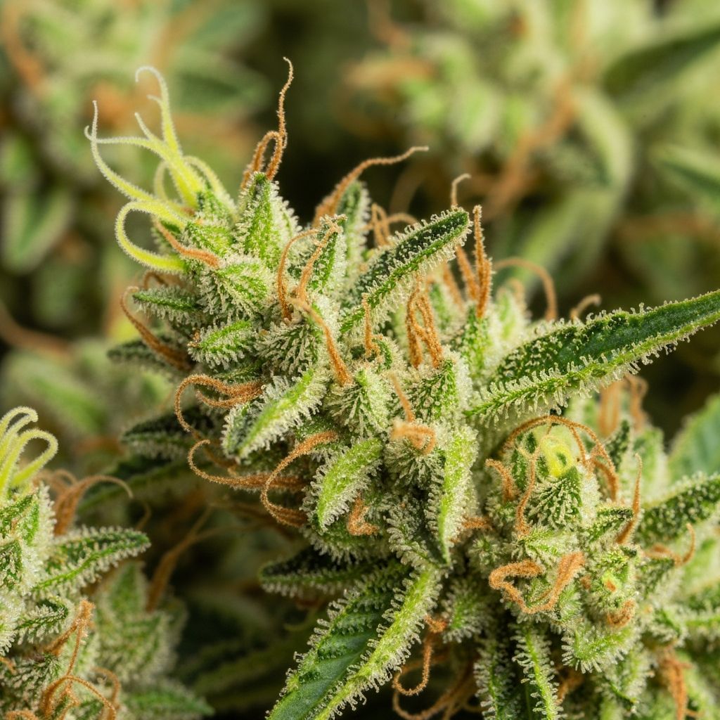 Lemon Haze strain with bright green buds and yellow trichomes